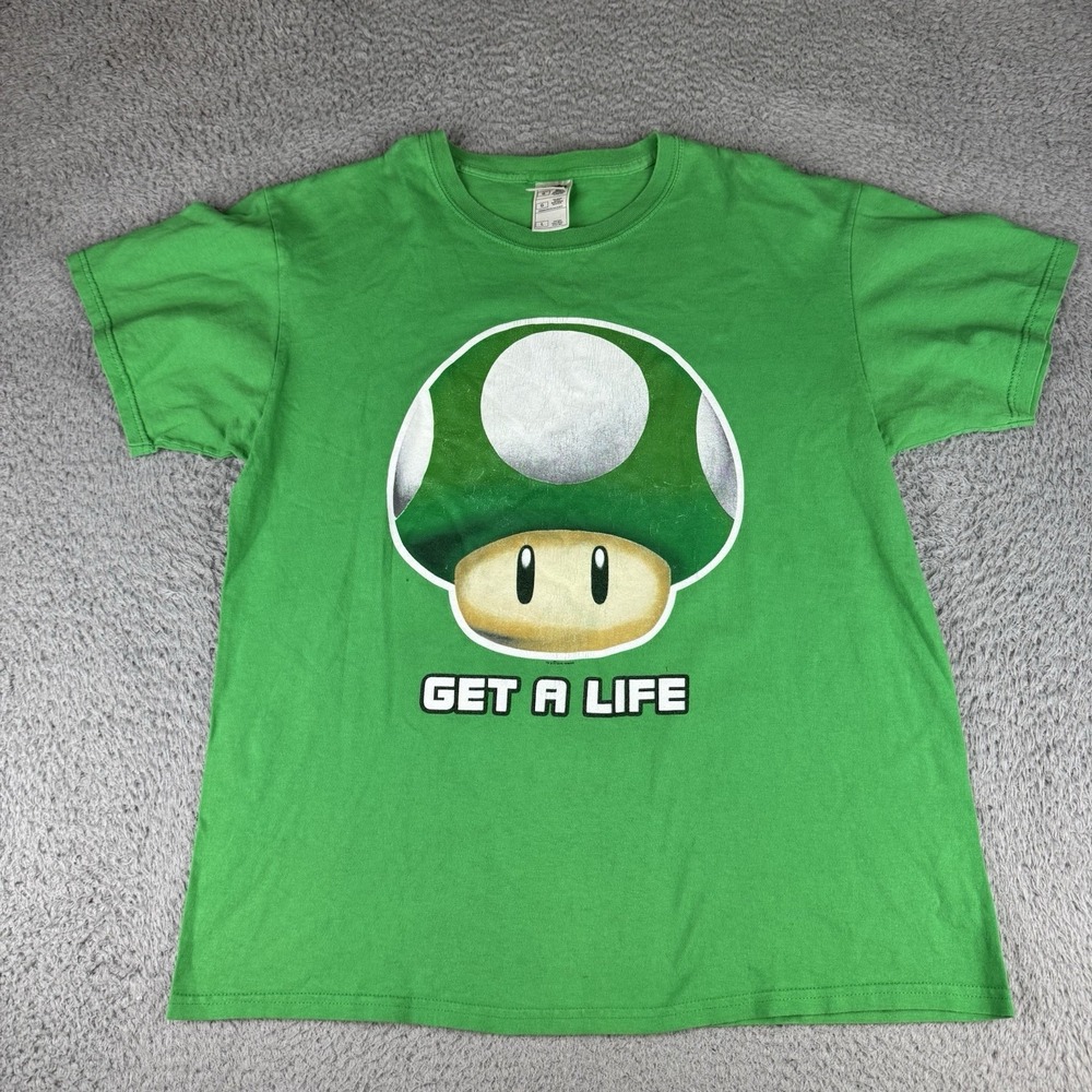Vintage Super Mario bros. Mushroom Green T-Shirt Get A Life Mens Large Y2k Baggy